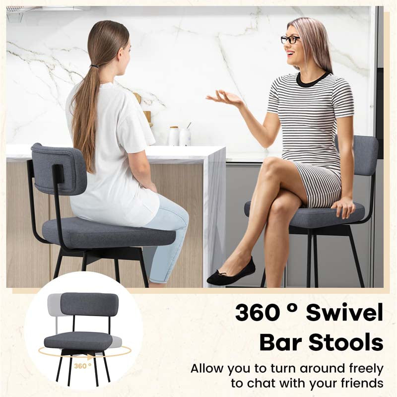 29" Upholstered Bar Stools with Back, 360° Swivel Bar Height Chairs with Heavy-Duty Metal Legs and Footrests, Fabric Seat