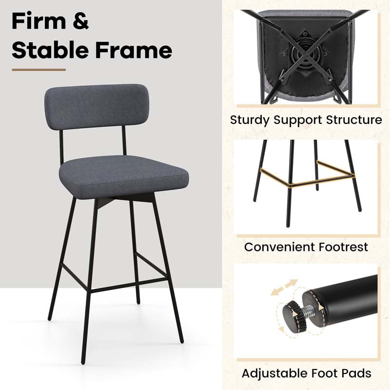 29" Upholstered Bar Stools with Back, 360° Swivel Bar Height Chairs with Heavy-Duty Metal Legs and Footrests, Fabric Seat