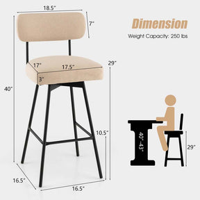 29" Upholstered Bar Stools with Back, 360° Swivel Bar Height Chairs with Heavy-Duty Metal Legs and Footrests, Fabric Seat