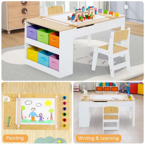2-in-1 Kids Art Table & Chair Set for Drawing Writing, Toddler Craft Play Wood Activity Desk w/2 Chairs Paper Roll Storage Canvas Bins