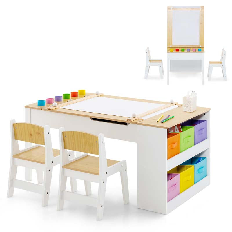 2-in-1 Kids Art Table & Chair Set for Drawing Writing, Toddler Craft Play Wood Activity Desk w/2 Chairs Paper Roll Storage Canvas Bins