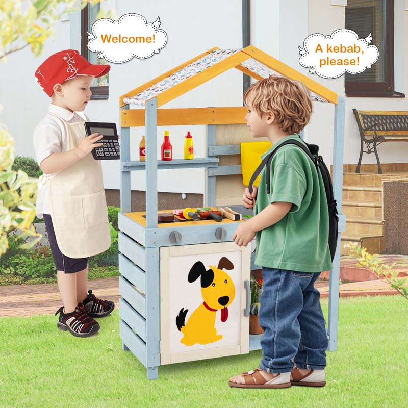 3-in-1 Double-Sided Kids Mud Kitchen, Indoor Outdoor Play Kitchen BBQ Grill & Grocery Playset with Sink, Faucet, Blackboard, Storage Bag & Baskets