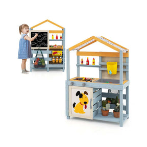 3-in-1 Double-Sided Kids Mud Kitchen, Indoor Outdoor Play Kitchen BBQ Grill & Grocery Playset with Sink, Faucet, Blackboard, Storage Bag & Baskets