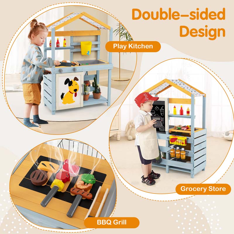 3-in-1 Double-Sided Kids Mud Kitchen, Indoor Outdoor Play Kitchen BBQ Grill & Grocery Playset with Sink, Faucet, Blackboard, Storage Bag & Baskets