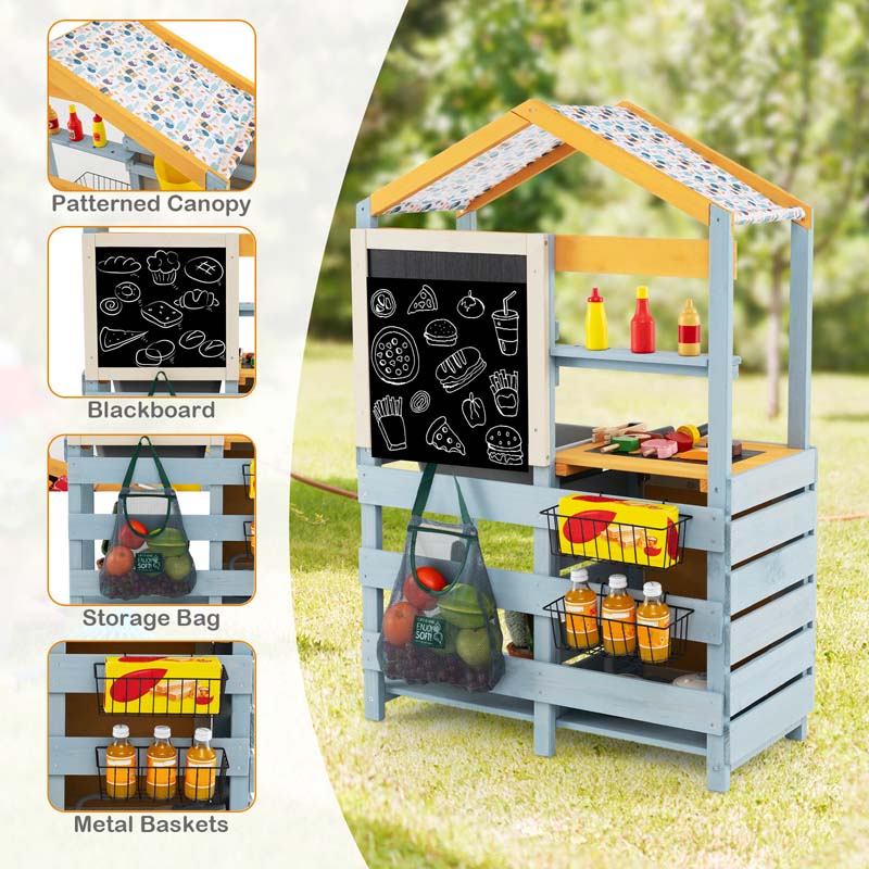 3-in-1 Double-Sided Kids Mud Kitchen, Indoor Outdoor Play Kitchen BBQ Grill & Grocery Playset with Sink, Faucet, Blackboard, Storage Bag & Baskets