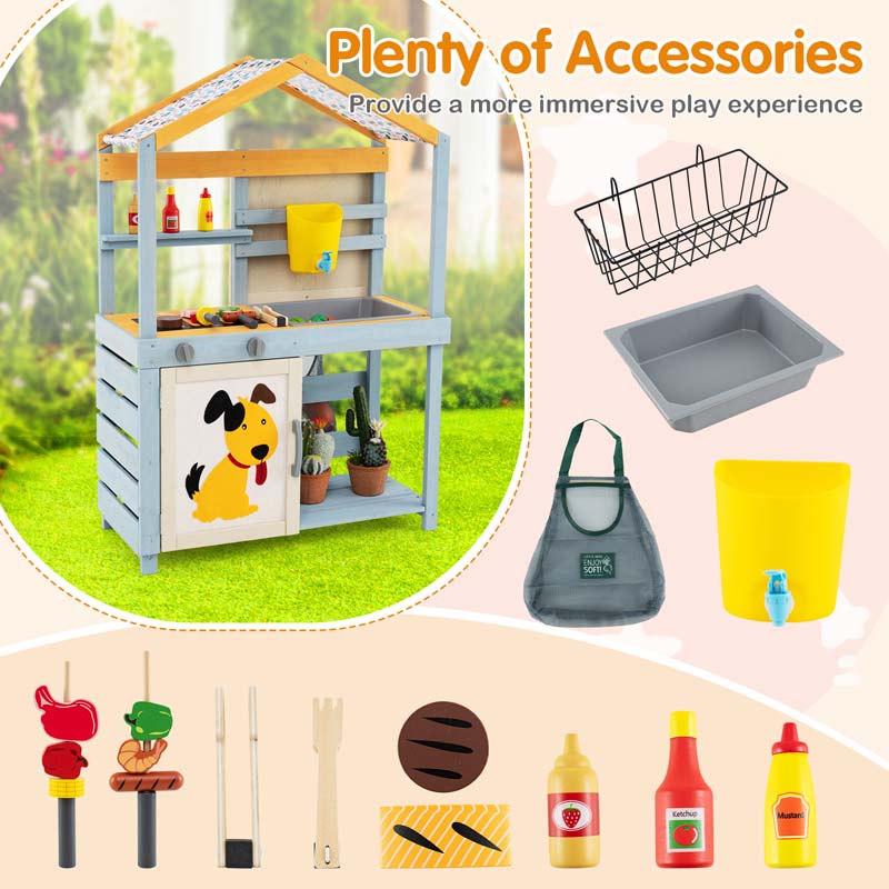 3-in-1 Double-Sided Kids Mud Kitchen, Indoor Outdoor Play Kitchen BBQ Grill & Grocery Playset with Sink, Faucet, Blackboard, Storage Bag & Baskets