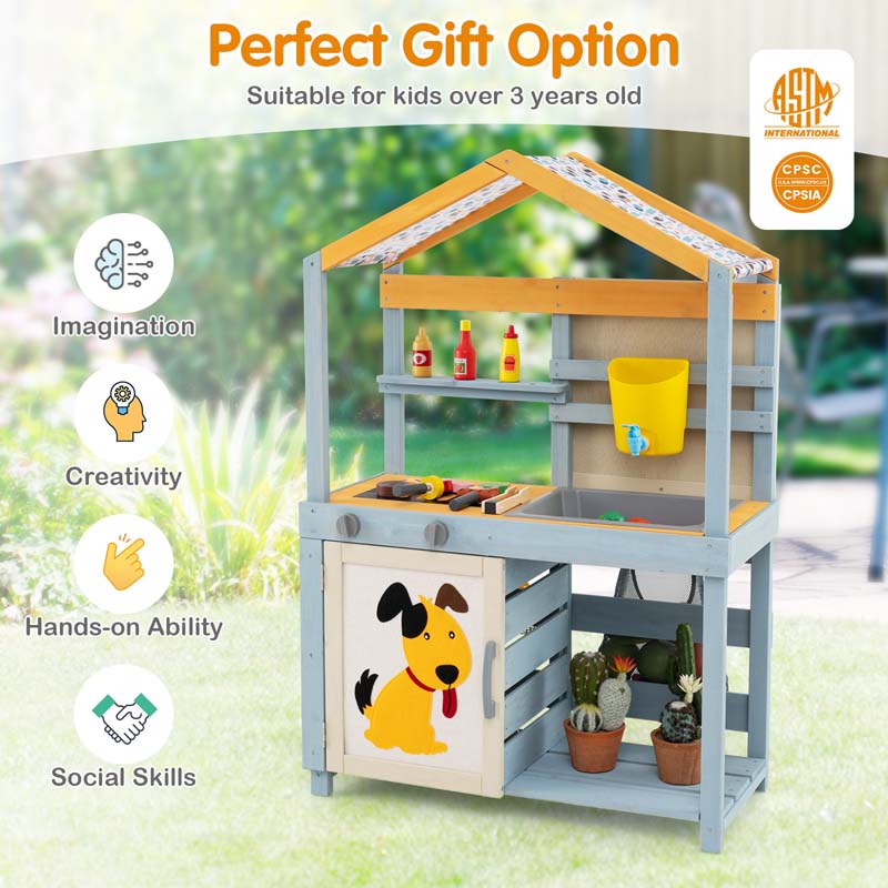 3-in-1 Double-Sided Kids Mud Kitchen, Indoor Outdoor Play Kitchen BBQ Grill & Grocery Playset with Sink, Faucet, Blackboard, Storage Bag & Baskets