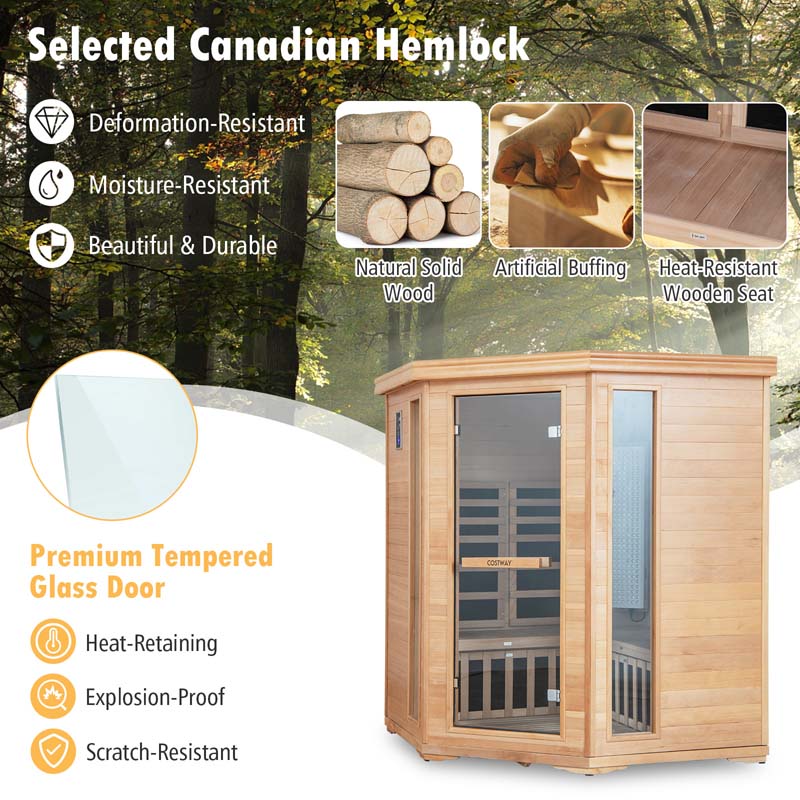 3-5 Person Far Infrared Wooden Sauna Room for Home, Canadian Hemlock Indoor Sauna w/Detachable Red Light Therapy Panel