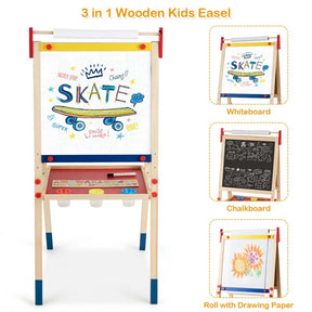 3-in-1 Wooden Height Adjustable Kid's Art Easel with Magnetic Chalkboard & Whiteboard, Paper Roll