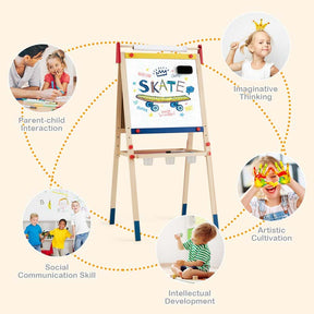 3-in-1 Wooden Height Adjustable Kid's Art Easel with Magnetic Chalkboard & Whiteboard, Paper Roll