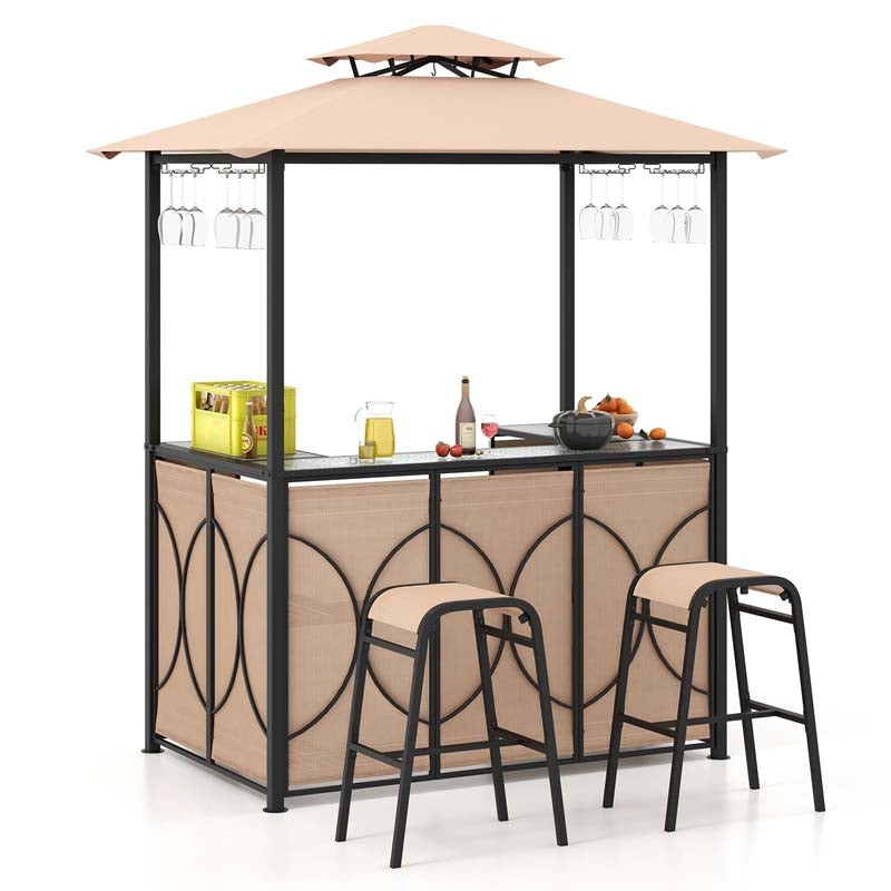 Grill Gazebo & 2 Bar Stools with Tempered Glass Bar Table, 2-Tier Soft Top Canopy BBQ Gazebo Shelter for Patio Garden