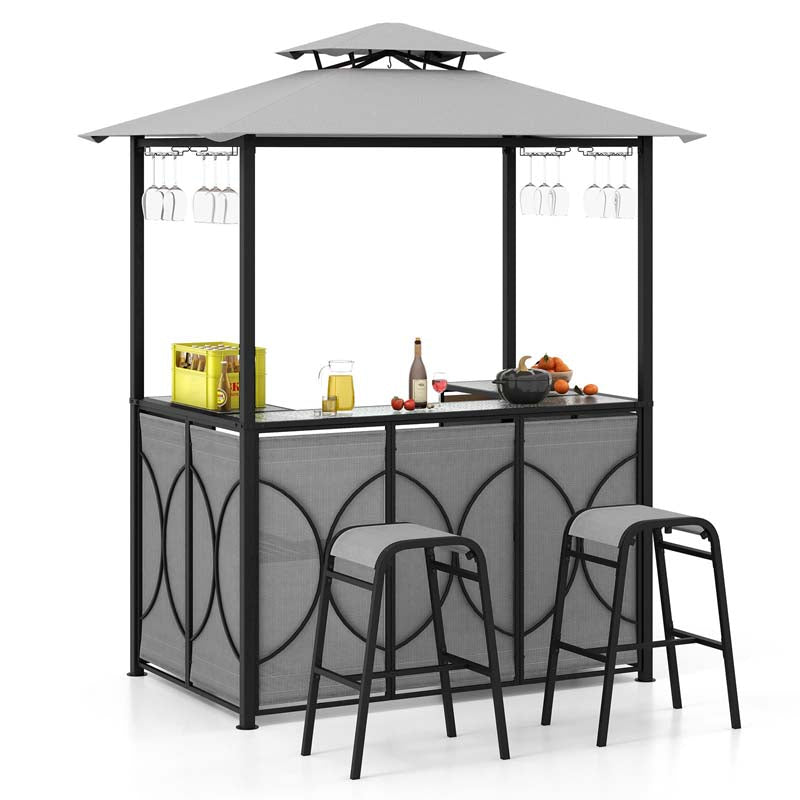 Grill Gazebo & 2 Bar Stools with Tempered Glass Bar Table, 2-Tier Soft Top Canopy BBQ Gazebo Shelter for Patio Garden