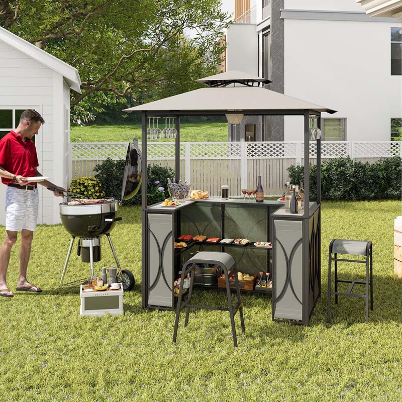 Grill Gazebo & 2 Bar Stools with Tempered Glass Bar Table, 2-Tier Soft Top Canopy BBQ Gazebo Shelter for Patio Garden