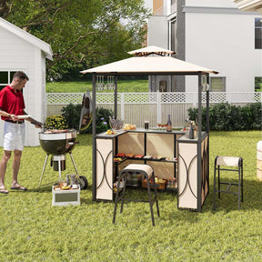 Grill Gazebo & 2 Bar Stools with Tempered Glass Bar Table, 2-Tier Soft Top Canopy BBQ Gazebo Shelter for Patio Garden