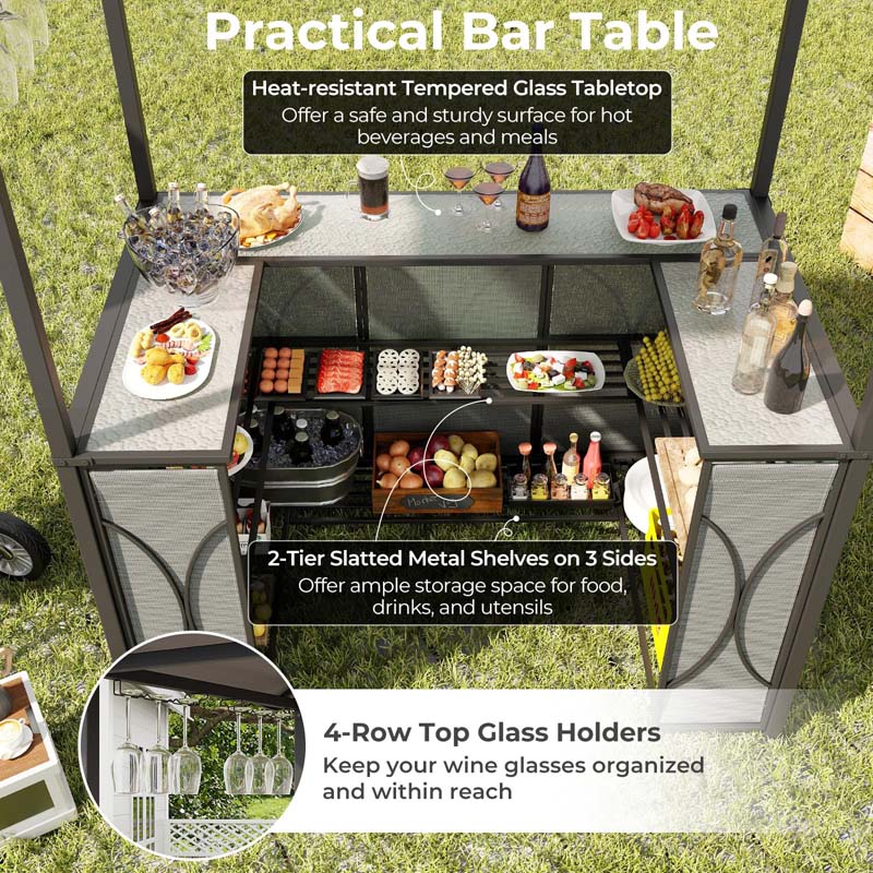 Grill Gazebo & 2 Bar Stools with Tempered Glass Bar Table, 2-Tier Soft Top Canopy BBQ Gazebo Shelter for Patio Garden