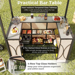 Grill Gazebo & 2 Bar Stools with Tempered Glass Bar Table, 2-Tier Soft Top Canopy BBQ Gazebo Shelter for Patio Garden