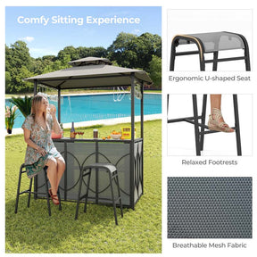 Grill Gazebo & 2 Bar Stools with Tempered Glass Bar Table, 2-Tier Soft Top Canopy BBQ Gazebo Shelter for Patio Garden