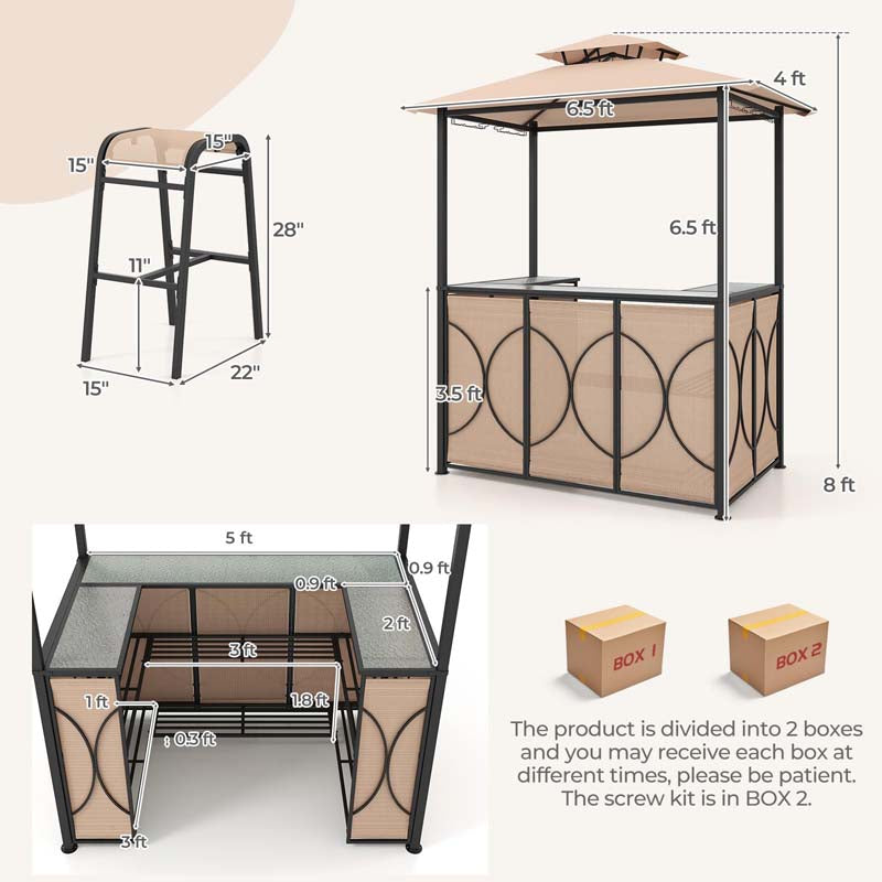 Grill Gazebo & 2 Bar Stools with Tempered Glass Bar Table, 2-Tier Soft Top Canopy BBQ Gazebo Shelter for Patio Garden