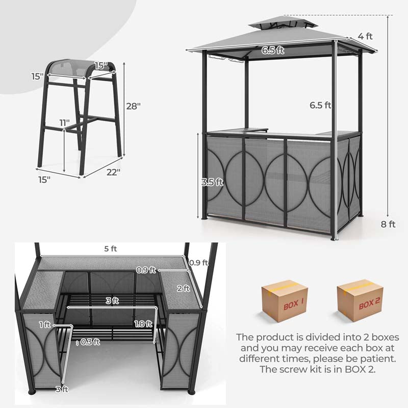 Grill Gazebo & 2 Bar Stools with Tempered Glass Bar Table, 2-Tier Soft Top Canopy BBQ Gazebo Shelter for Patio Garden