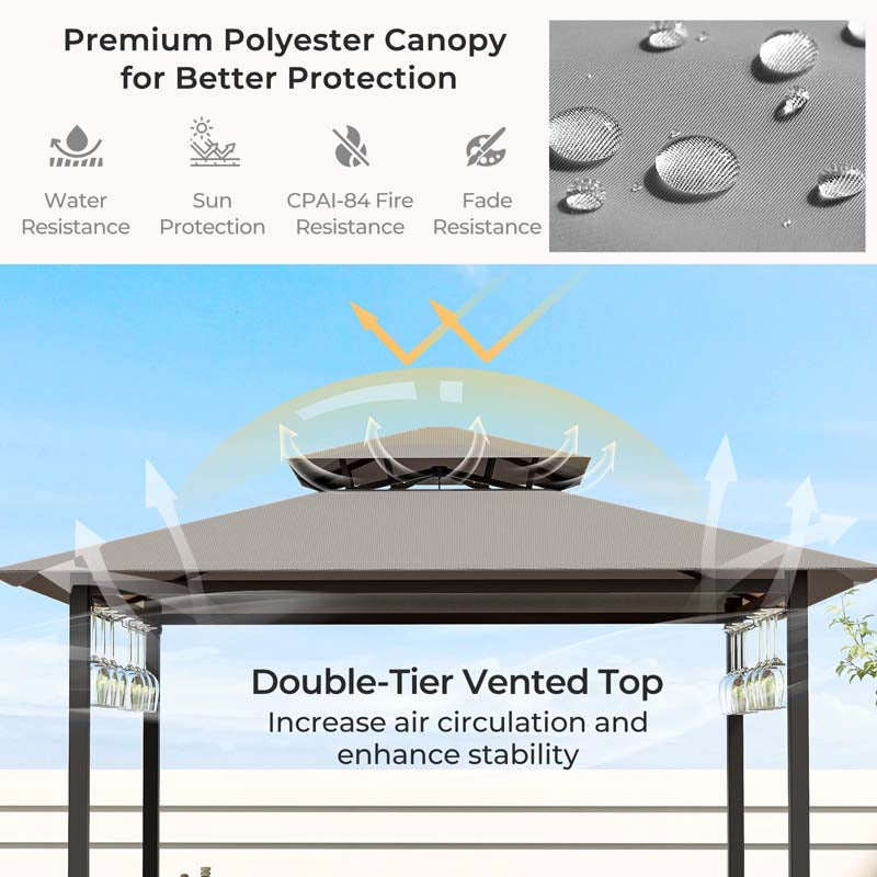 Grill Gazebo & 2 Bar Stools with Tempered Glass Bar Table, 2-Tier Soft Top Canopy BBQ Gazebo Shelter for Patio Garden