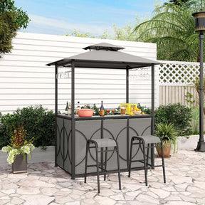 Grill Gazebo & 2 Bar Stools with Tempered Glass Bar Table, 2-Tier Soft Top Canopy BBQ Gazebo Shelter for Patio Garden