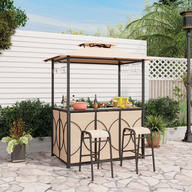 Grill Gazebo & 2 Bar Stools with Tempered Glass Bar Table, 2-Tier Soft Top Canopy BBQ Gazebo Shelter for Patio Garden