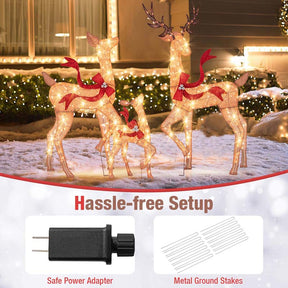 3-Piece Large Lighted Christmas Reindeer Family Set, Light up Xmas Decorations w/440 LED Lights, Bows, Buck, Doe & Fawn, Pre-Lit Deer Set