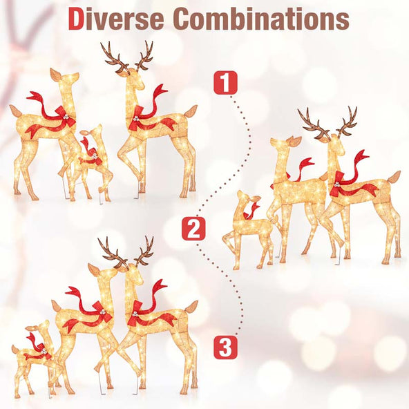 3-Piece Large Lighted Christmas Reindeer Family Set, Light up Xmas Decorations w/440 LED Lights, Bows, Buck, Doe & Fawn, Pre-Lit Deer Set