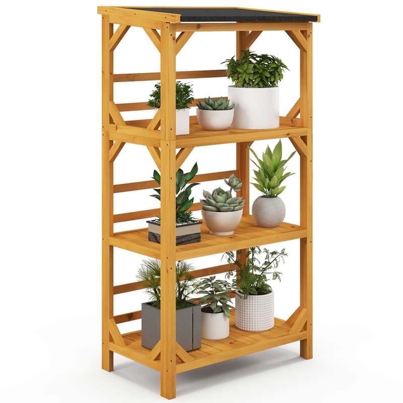 54'' Tall 3-Tier Wooden Plant Stand with Weatherproof Asphalt Roof, DIY Painting Outdoor Storage Shelves