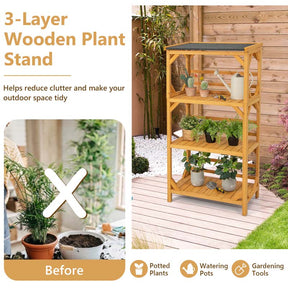 54'' Tall 3-Tier Wooden Plant Stand with Weatherproof Asphalt Roof, DIY Painting Outdoor Storage Shelves