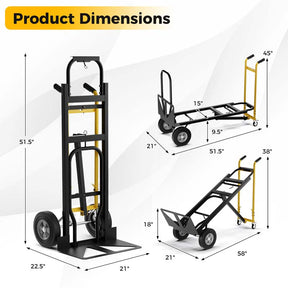 3-in-1 Convertible Hand Truck with 4 Rubber Wheels, Folding Metal Dolly Cart for Transport in Warehouse Garage Supermarket