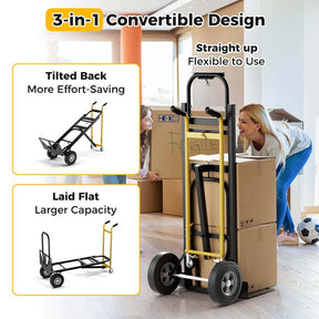 3-in-1 Convertible Hand Truck with 4 Rubber Wheels, Folding Metal Dolly Cart for Transport in Warehouse Garage Supermarket