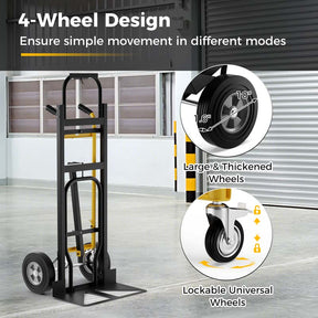 3-in-1 Convertible Hand Truck with 4 Rubber Wheels, Folding Metal Dolly Cart for Transport in Warehouse Garage Supermarket