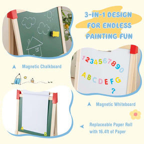 3-in-1 Easel for Kids, Wooden Height Adjustable Double-Sided Toddler Easel with Magnetic Chalkboard & White Board, Paper Roll