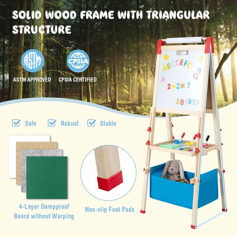 3-in-1 Easel for Kids, Wooden Height Adjustable Double-Sided Toddler Easel with Magnetic Chalkboard & White Board, Paper Roll