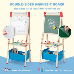 3-in-1 Easel for Kids, Wooden Height Adjustable Double-Sided Toddler Easel with Magnetic Chalkboard & White Board, Paper Roll