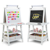 3-in-1 Double-Sided Kids Art Easel, Wooden Storage Toddler Easel with Magnetic White Board & Chalkboard, Paper Roll, Painting Dry Erase