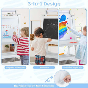 3-in-1 Double-Sided Kids Art Easel, Wooden Storage Toddler Easel with Magnetic White Board & Chalkboard, Paper Roll, Painting Dry Erase