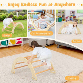 3-in-1 Kids Climber Ladder & Rocker Board with Cushion Pad, Wooden Ladder Arch Climbing Toy for Toddlers