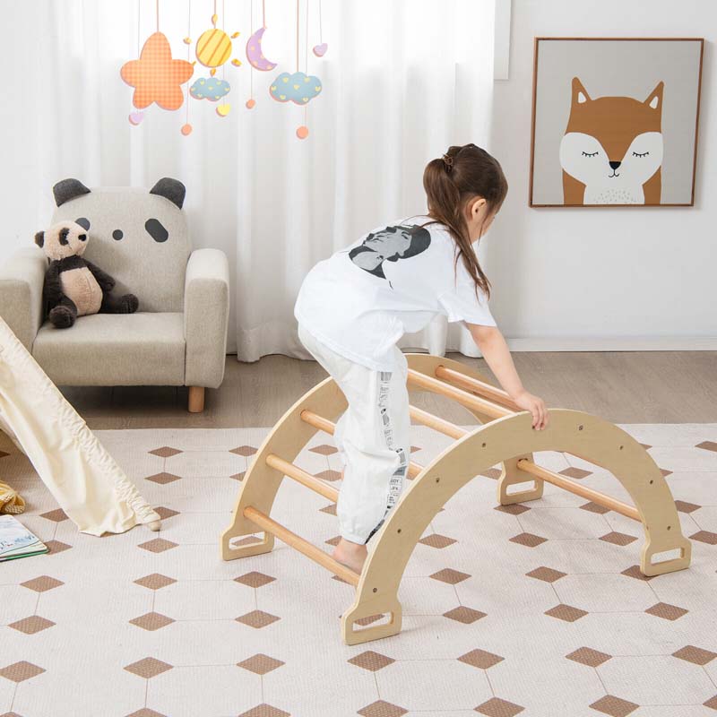 3-in-1 Kids Climber Ladder & Rocker Board with Cushion Pad, Wooden Ladder Arch Climbing Toy for Toddlers