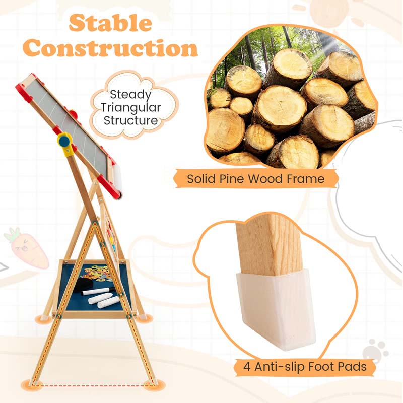 360° Kids Rotatable Wooden Art Easel, 3-in-1 Adjustable Double Sided Drawing Board with Whiteboard, Chalkboard & Paper Roll