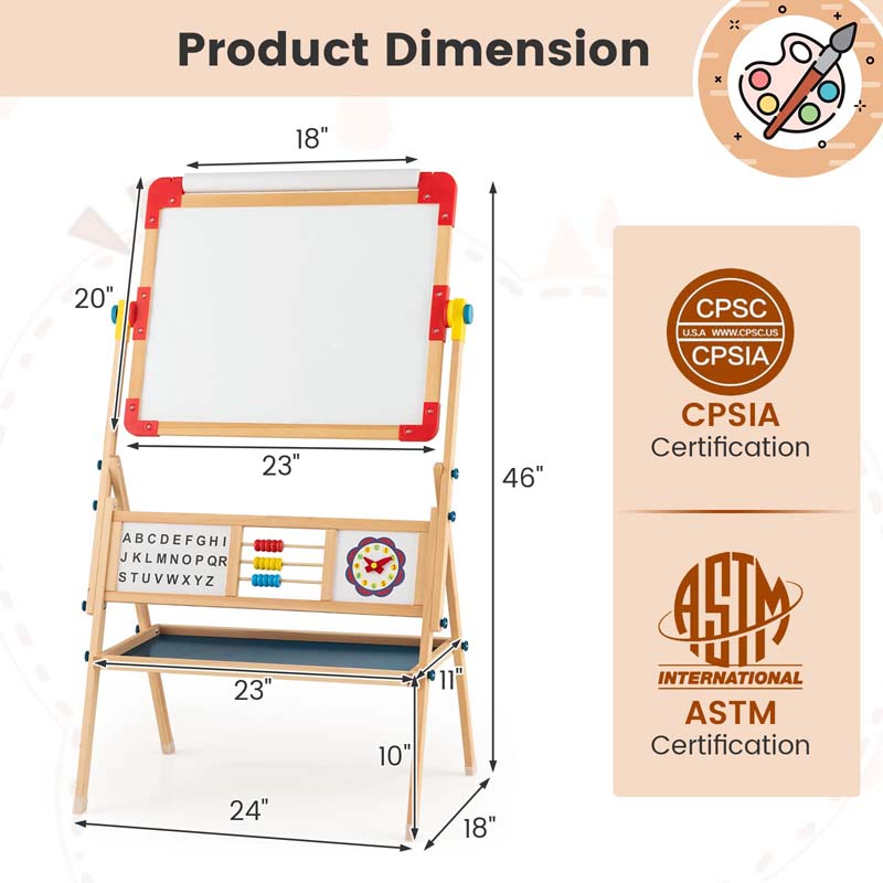 360° Kids Rotatable Wooden Art Easel, 3-in-1 Adjustable Double Sided Drawing Board with Whiteboard, Chalkboard & Paper Roll