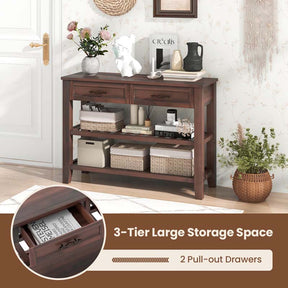 3-Tier Narrow Entryway Console Table with 2 Drawers, 2 Open Shelves, Wooden Long Sofa Side Table for Living Room Hallway