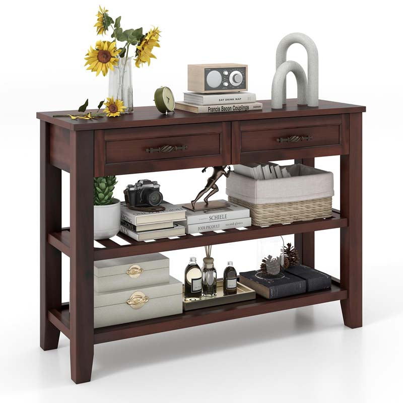 3-Tier Narrow Entryway Console Table with 2 Drawers, 2 Open Shelves, Wooden Long Sofa Side Table for Living Room Hallway