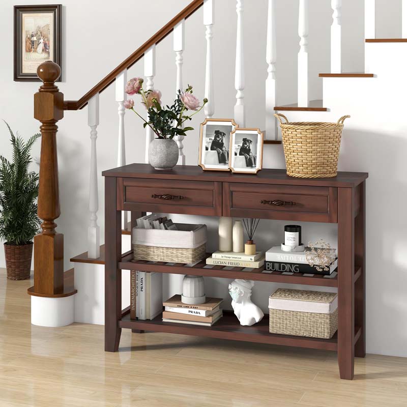 3-Tier Narrow Entryway Console Table with 2 Drawers, 2 Open Shelves, Wooden Long Sofa Side Table for Living Room Hallway
