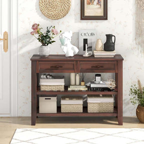 3-Tier Narrow Entryway Console Table with 2 Drawers, 2 Open Shelves, Wooden Long Sofa Side Table for Living Room Hallway