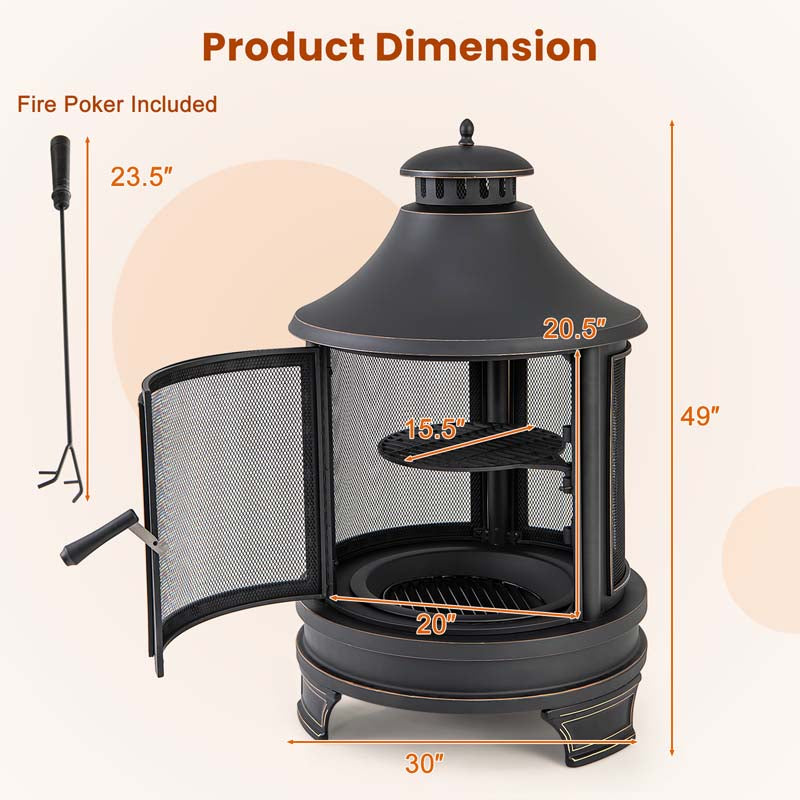 2-in-1 Outdoor Fire Pit with Grill, 30 Inch Metal Chiminea for Patio Backyard BBQ, Wood Burning Fireplace with Chimney, Spark Screen Door & Fire Poker