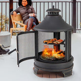 2-in-1 Outdoor Fire Pit with Grill, 30 Inch Metal Chiminea for Patio Backyard BBQ, Wood Burning Fireplace with Chimney, Spark Screen Door & Fire Poker