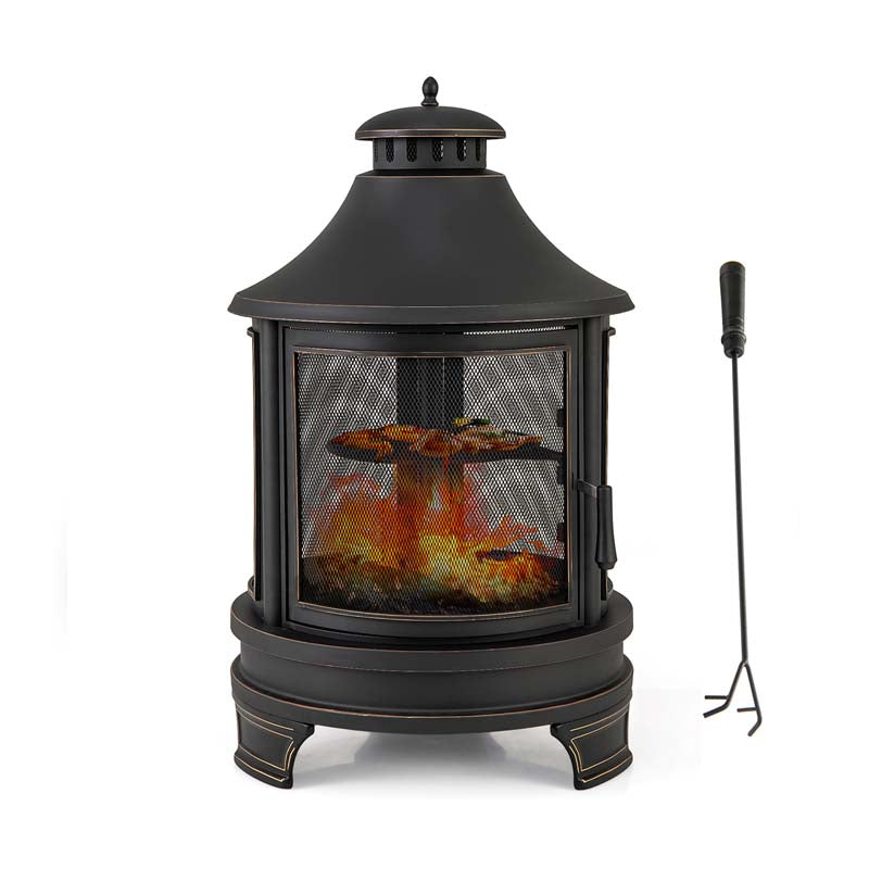 2-in-1 Outdoor Fire Pit with Grill, 30 Inch Metal Chiminea for Patio Backyard BBQ, Wood Burning Fireplace with Chimney, Spark Screen Door & Fire Poker