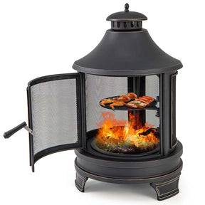 2-in-1 Outdoor Fire Pit with Grill, 30 Inch Metal Chiminea for Patio Backyard BBQ, Wood Burning Fireplace with Chimney, Spark Screen Door & Fire Poker